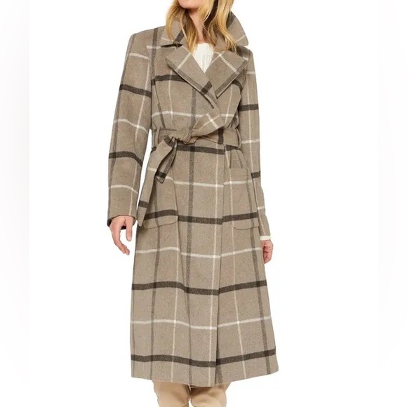 SANCTUARY Taupe Gray Plaid Wool Belted Longline Wrap Coat - Picture 1 of 12